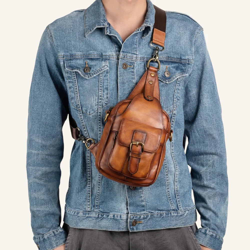 démo sac en bandoulière homme cuir camel vintage