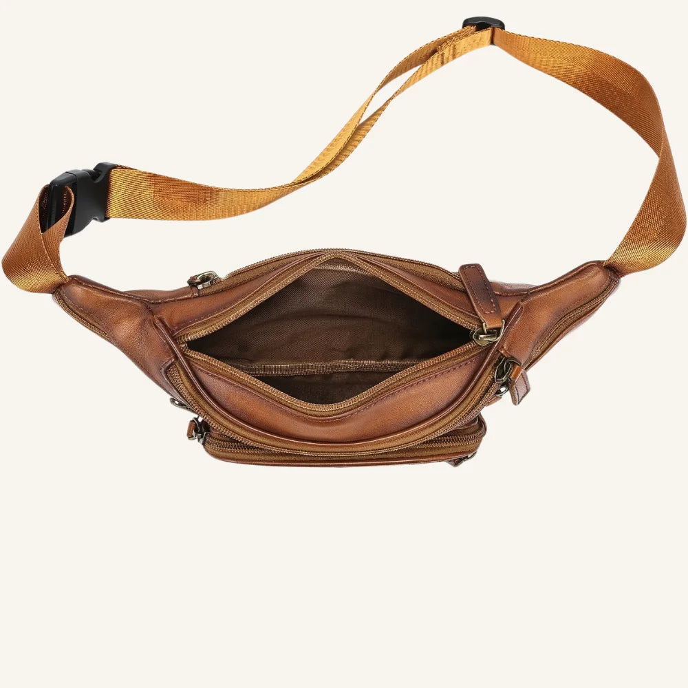 sac banane cuir camel vintage dessus
