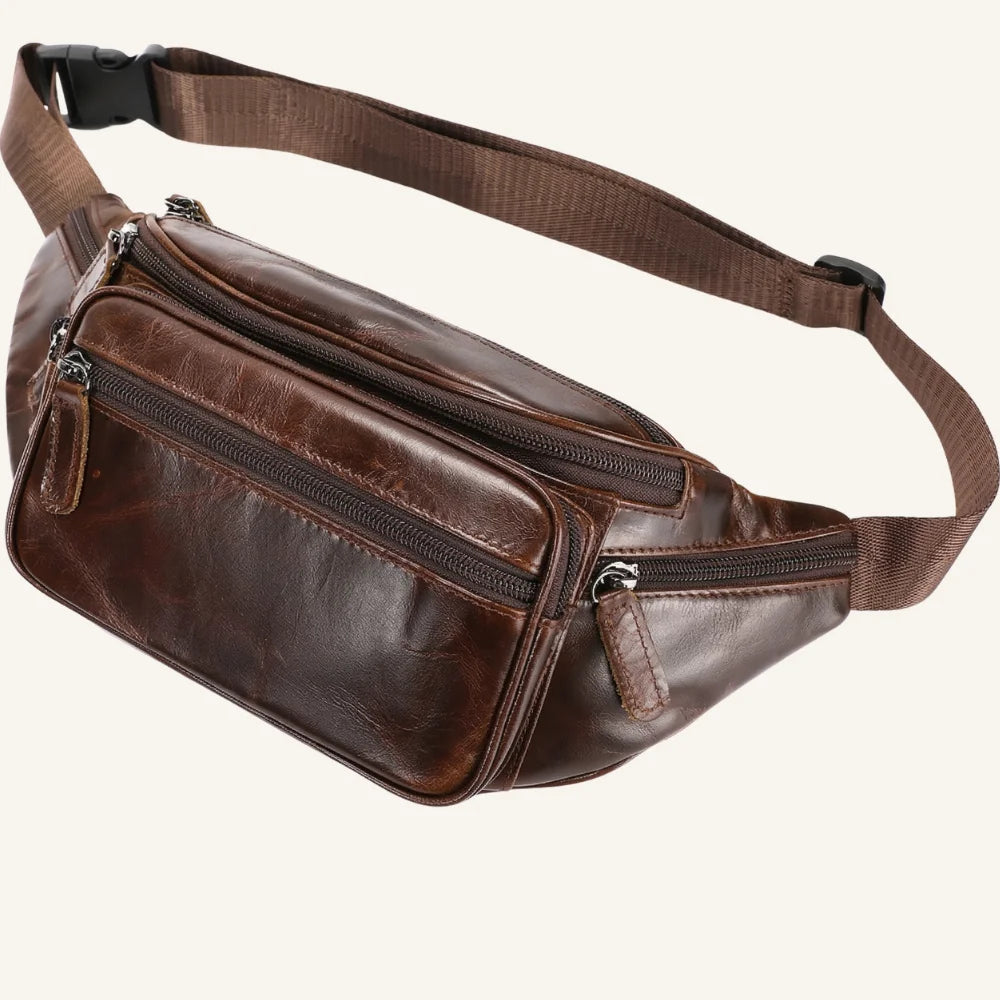 sac banane cuir marron brillant côté
