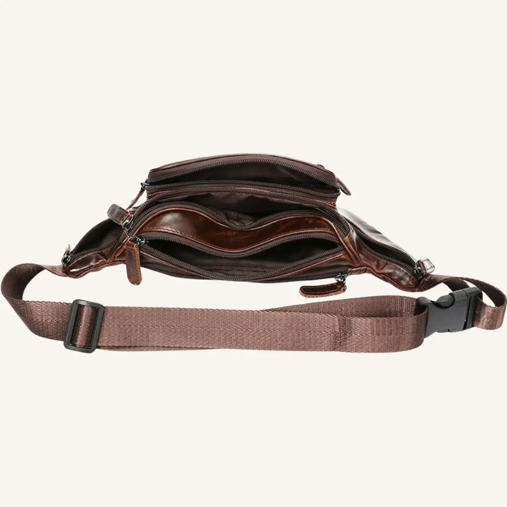 sac banane cuir marron brillant dessus