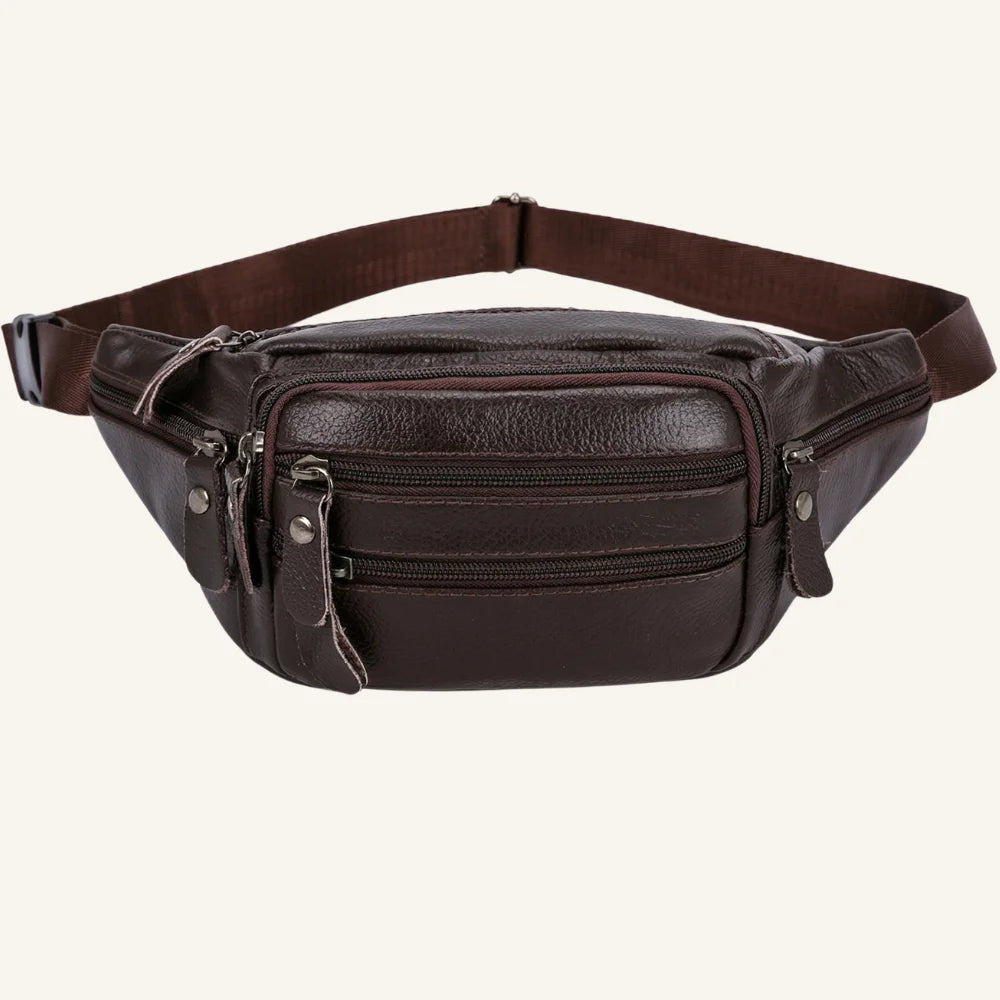 sac banane cuir marron foncé multipoches