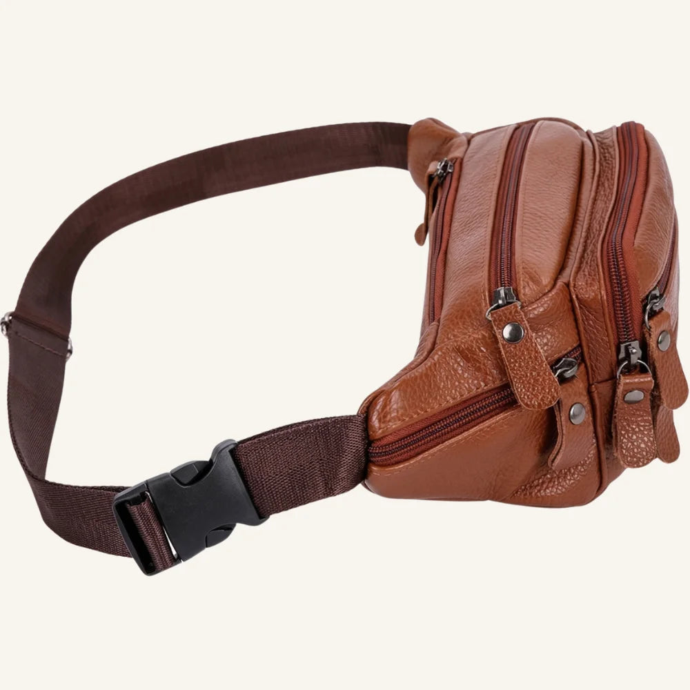 sac banane cuir marron multipoches côté