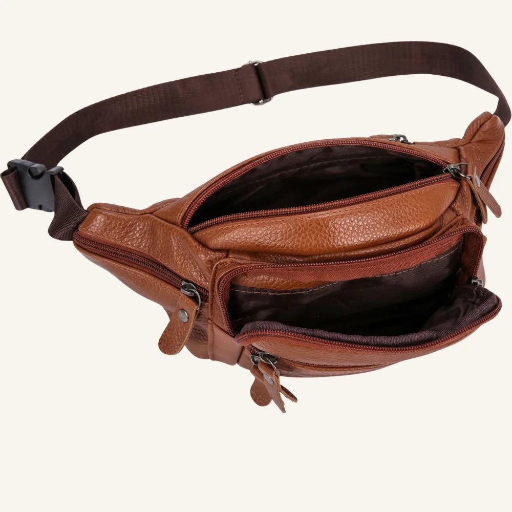 sac banane cuir marron multipoches dessus