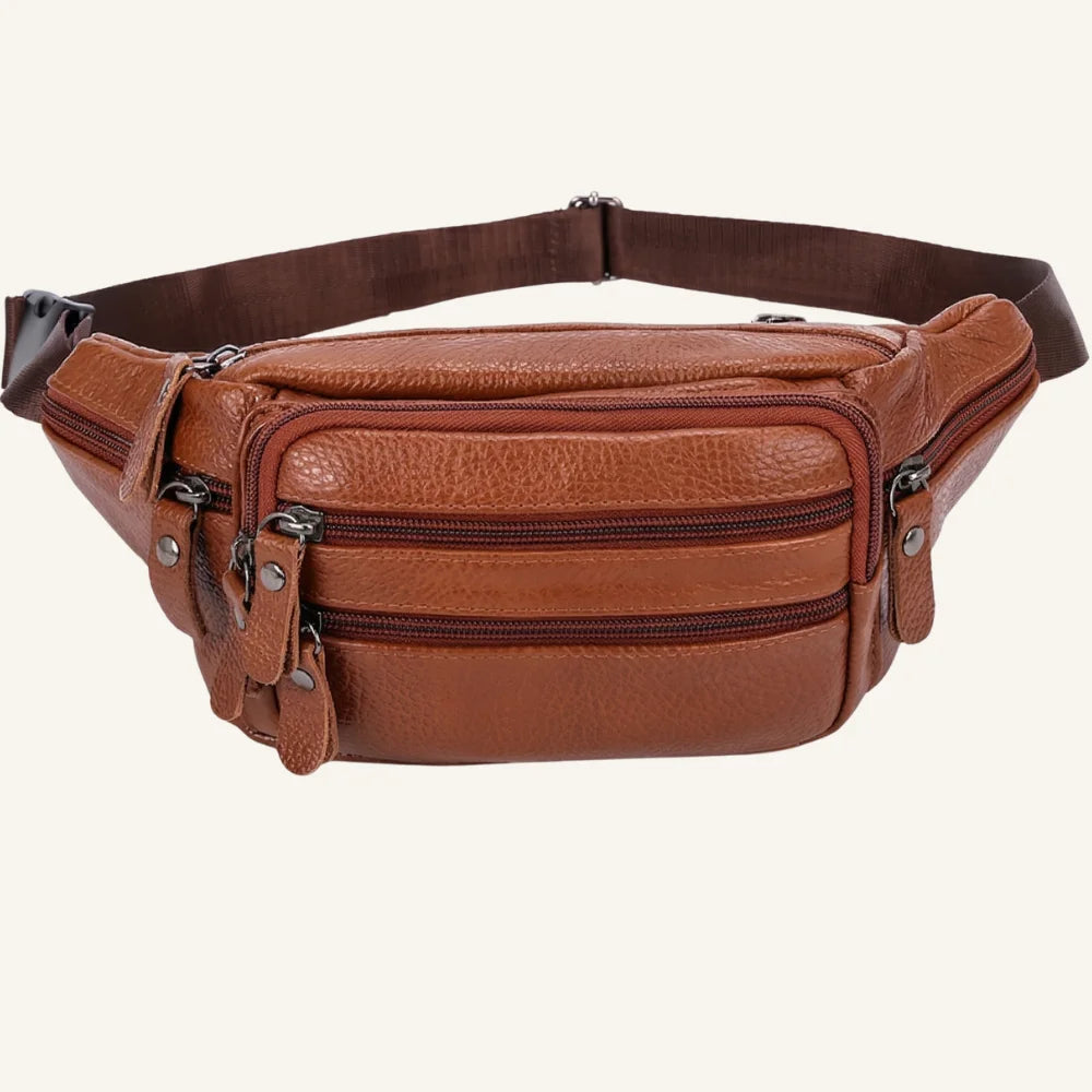 sac banane cuir marron multipoches