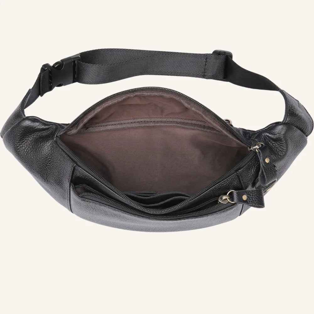 sac banane cuir noir grainé dessus
