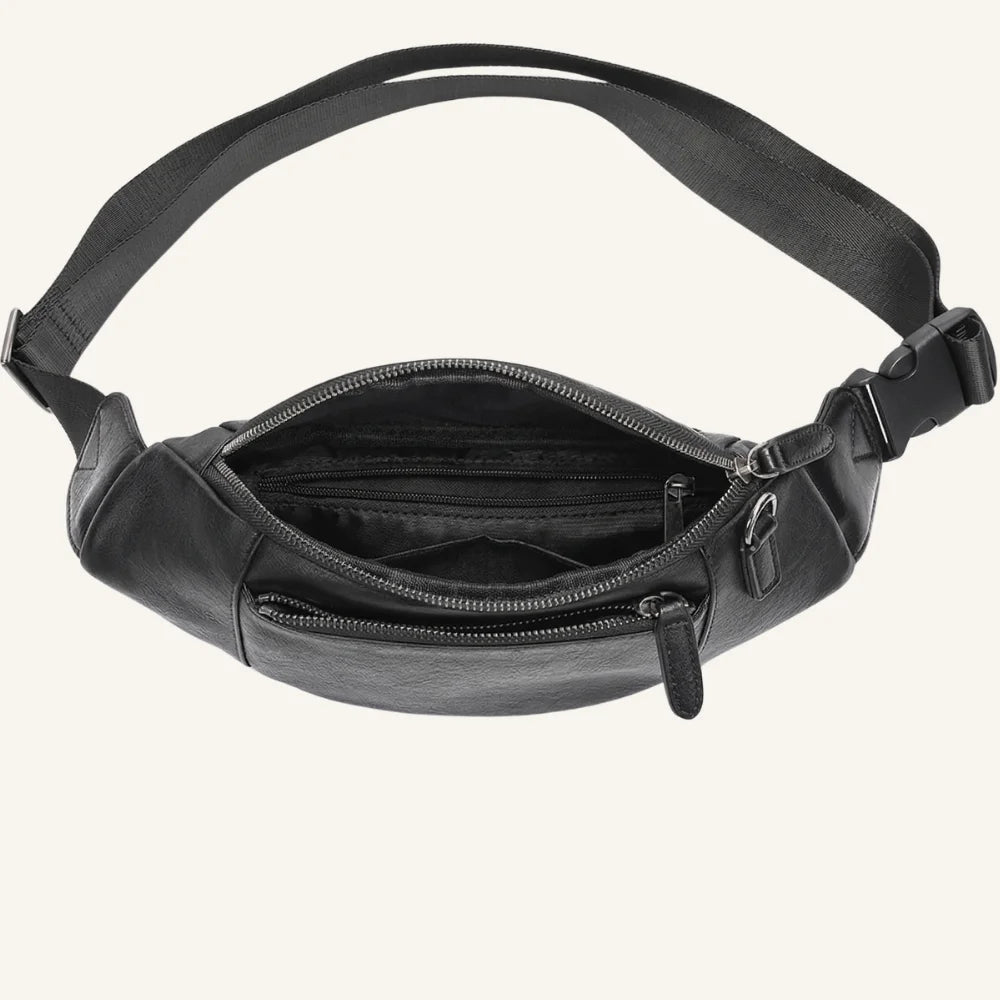 sac banane cuir noir souple dessus