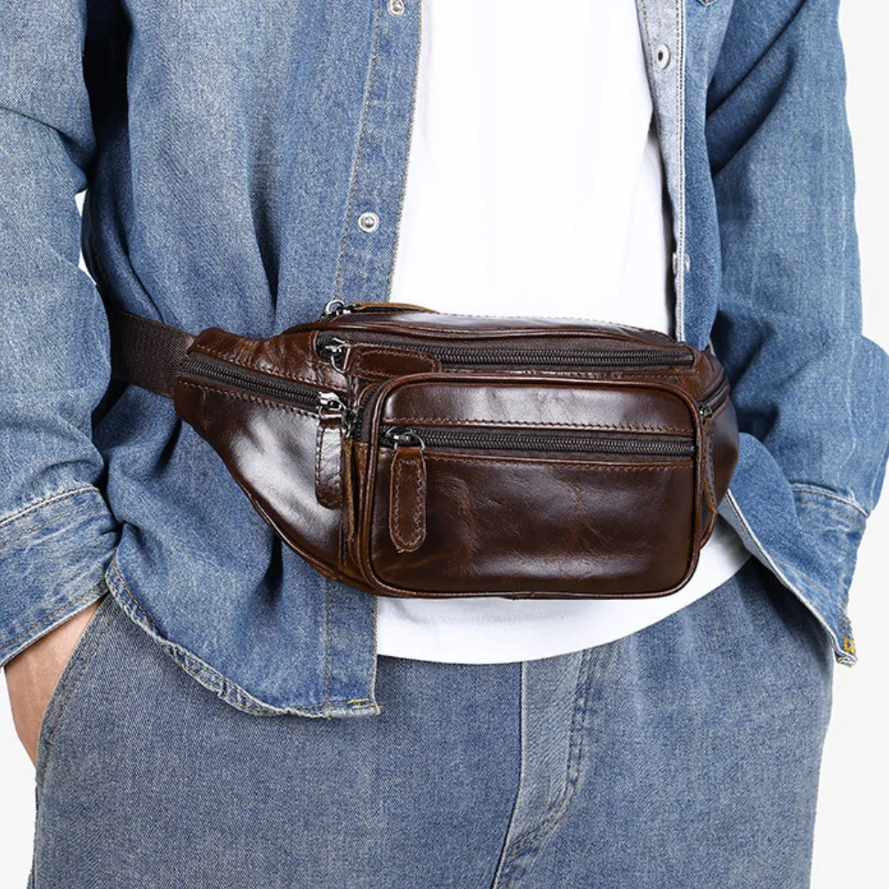 sac banane en cuir marron brillant