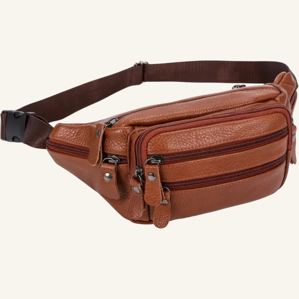 sac banane en cuir marron multipoches