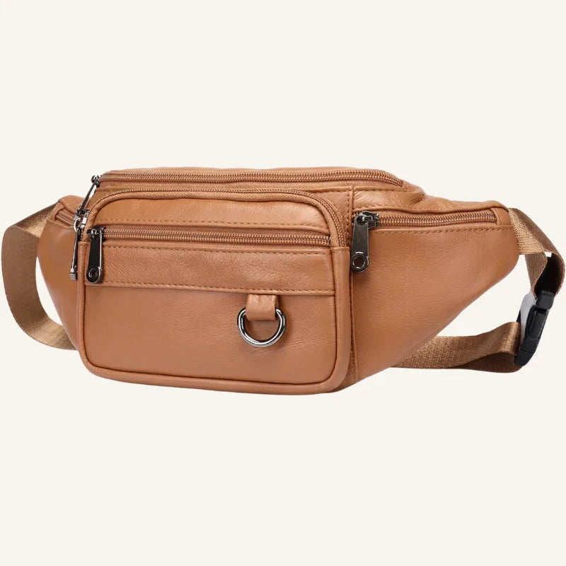 sac banane en cuir multipoches camel