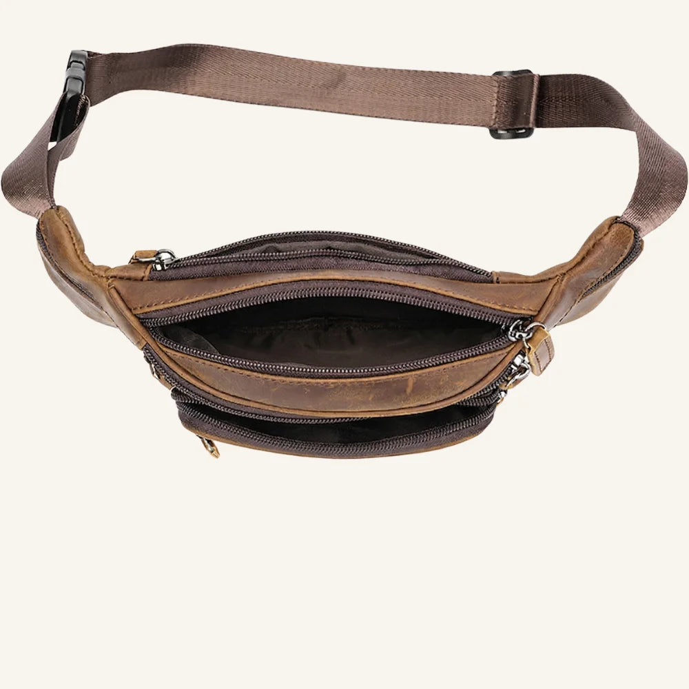 sac banane cuir marron vintage dessus