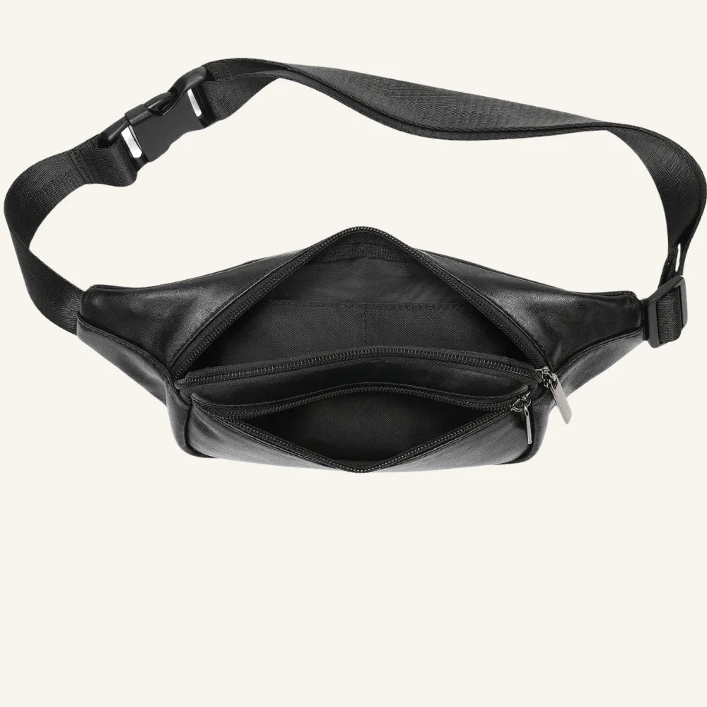 sac banane noir en cuir de mouton dessus