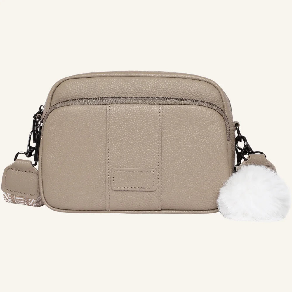 sac bandoulière cuir et pompon khaki