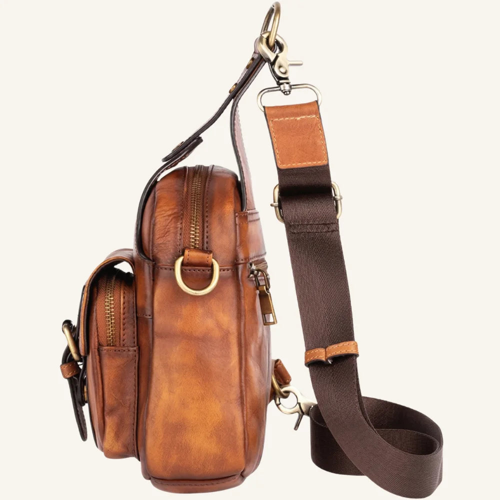 sac bandoulière homme cuir camel vintage côté